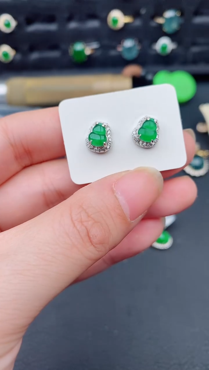 银S925镶嵌翡翠耳饰天然a货翡翠193