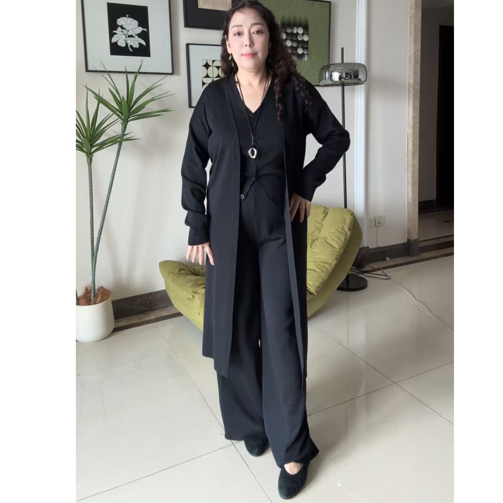 A3时尚套装黑色秋季女装长款韩版气质三件套
