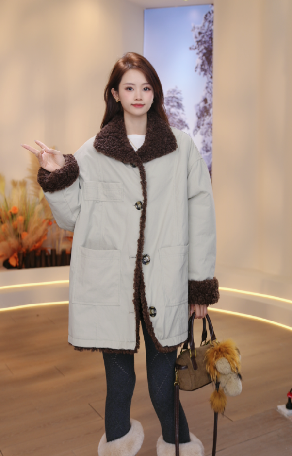 派克服加绒2026冬季时尚环保毛双面双穿皮草外套宽松气质翻领秋冬
