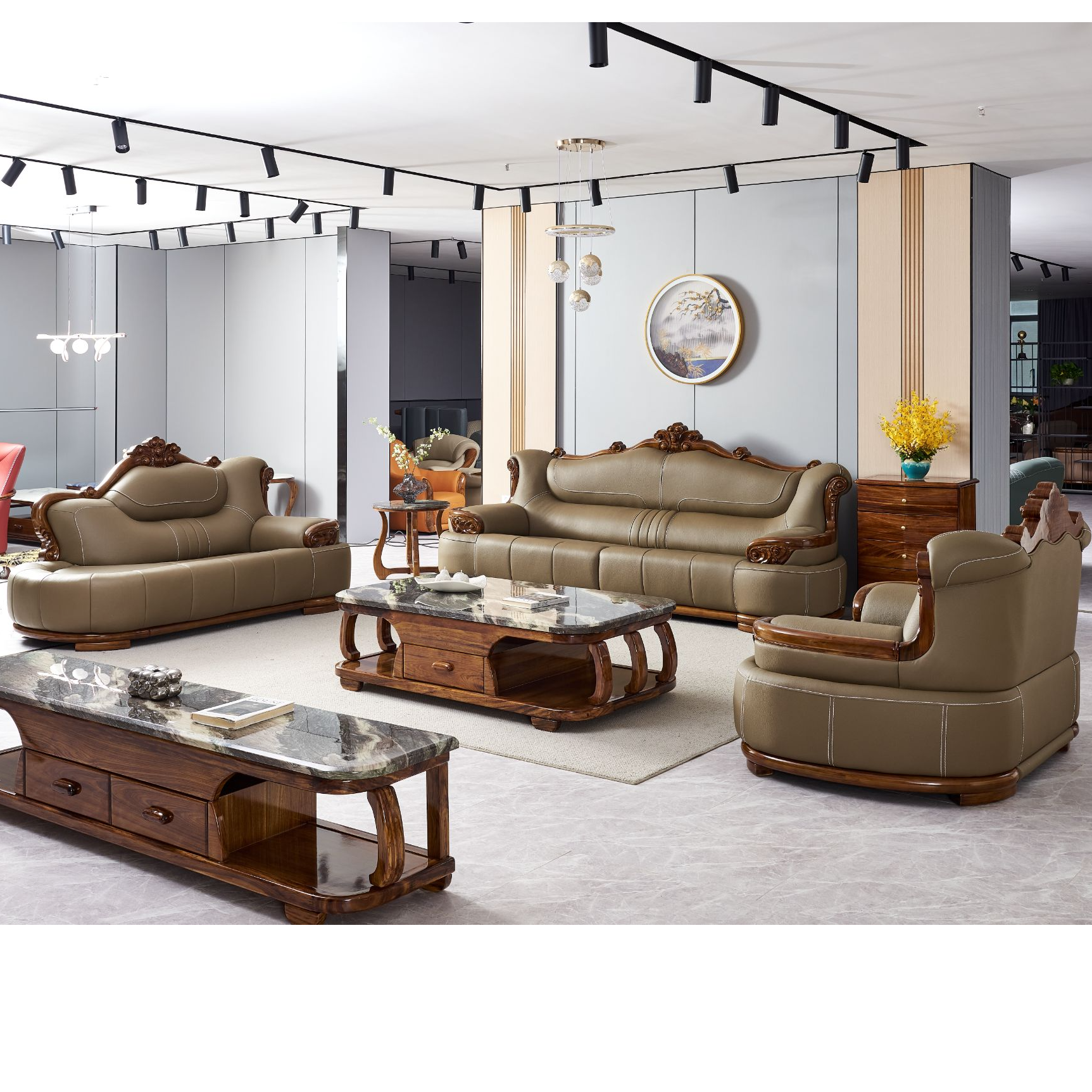 新中式乌金木沙发头层牛皮北欧大户型客厅组合真皮实木别墅大沙发