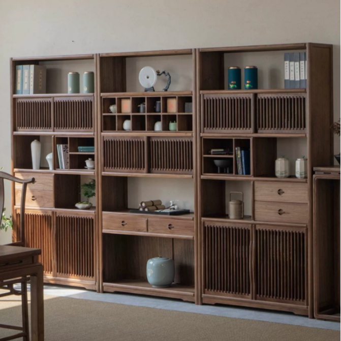 老榆木新中式书架简约禅意书柜书房落地客厅办公室茶柜置物架