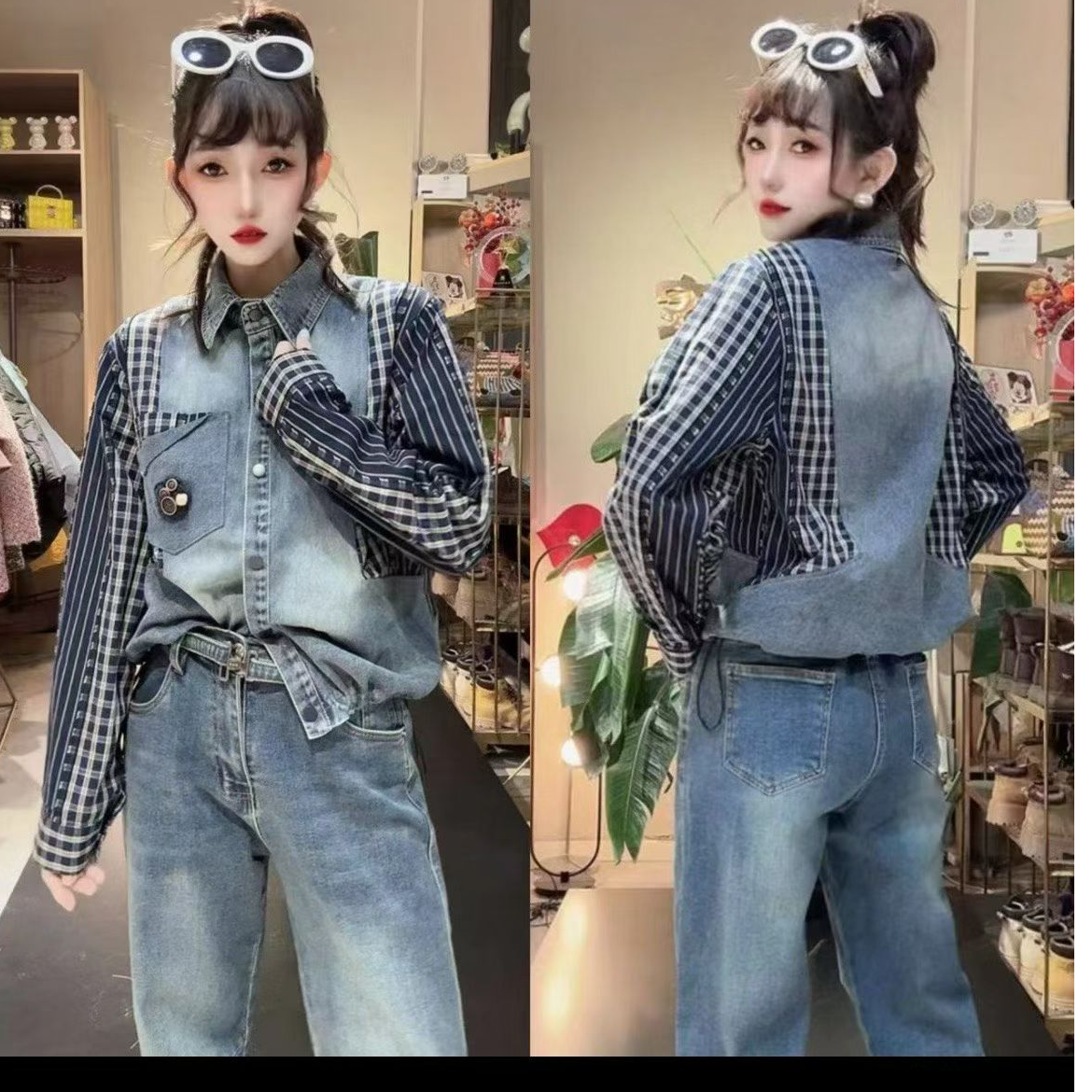 港风衬衣长袖牛仔时尚休闲百搭拼接