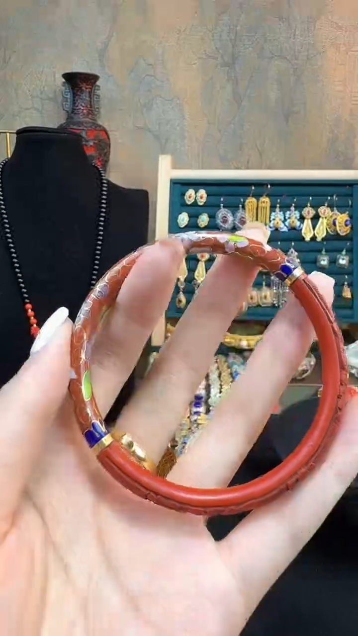  非遗手工雕漆精品景泰蓝红色镯子60-63