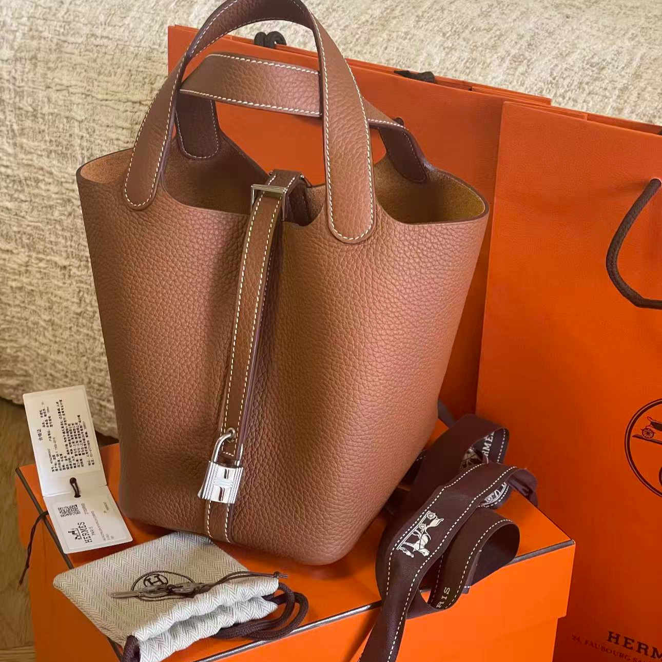 95新 Hermes/爱马仕 金棕色银扣菜篮子包18 U刻 18778080