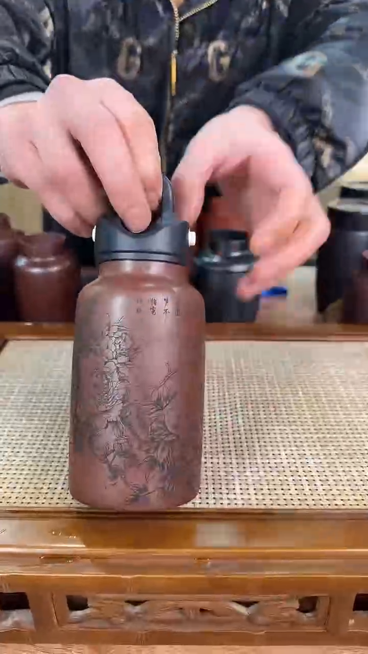 【闪购商品】紫砂茶杯单层 紫泥 直身杯 花开富贵