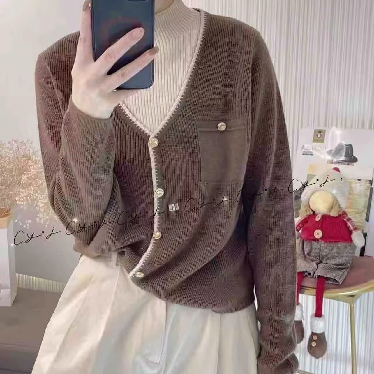 【咖色半高领假两件】新款时尚气质假两件针织衫毛衣