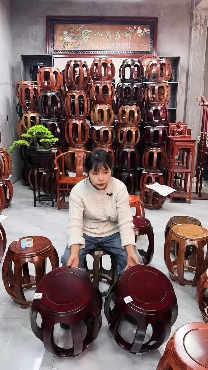 【闪购商品】鸡翅木类家具花梨木酸枝色大号鼓凳一对14号