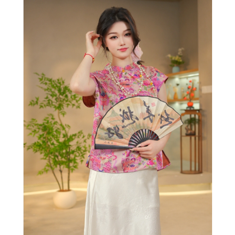 2518新中式夏季气质百搭显瘦休闲提花立领短袖T恤上衣