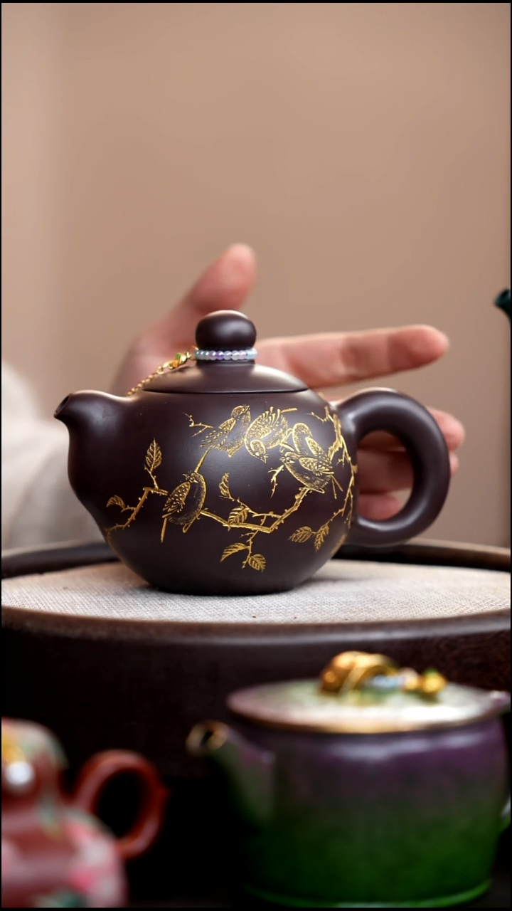 茶壶紫砂紫茄泥福珠刻五子登科