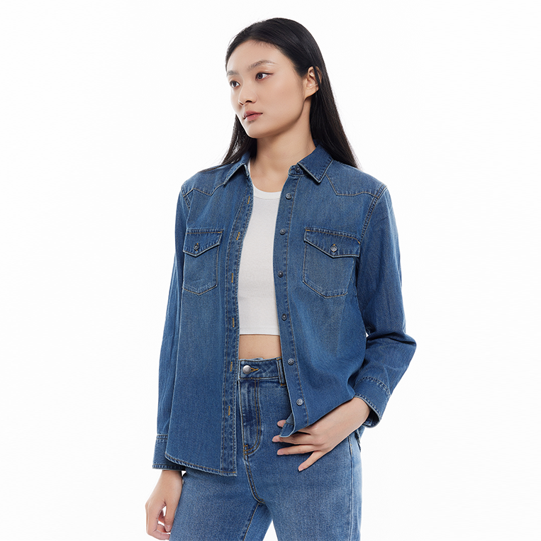 春秋女士时尚天丝棉拼接工装牛仔衬衫MA030