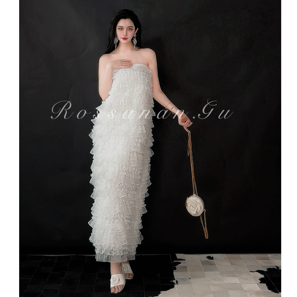 ROSAN【微梦晨露】高级 手工坊千金贵气蕾丝千层长款时尚抹胸裙半裙