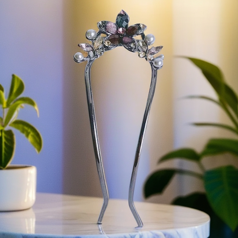 泛思新款高级感水晶蝴蝶金属U型发簪简约日常通勤盘发钗发卡发饰