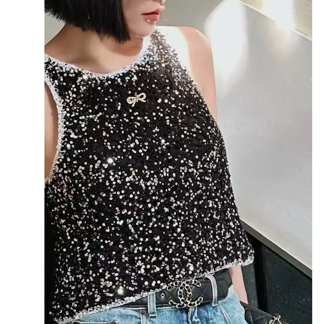 95新 Chanel/香奈儿 Chanel香奈儿 23C黑色亮片蝴蝶结背心34码