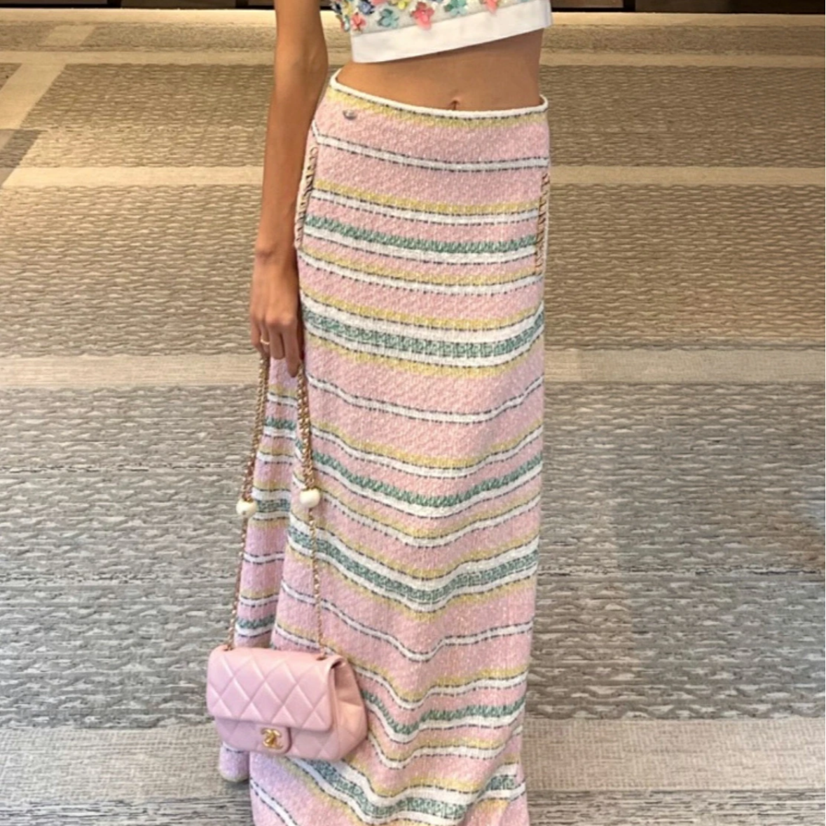 99新 Chanel/香奈儿 34码24S粉绿混色条纹半身裙