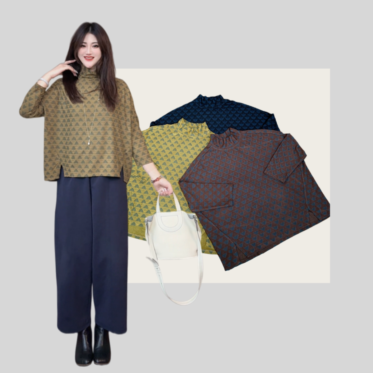 【YANLI】5285提花针织茧型开叉打底上衣