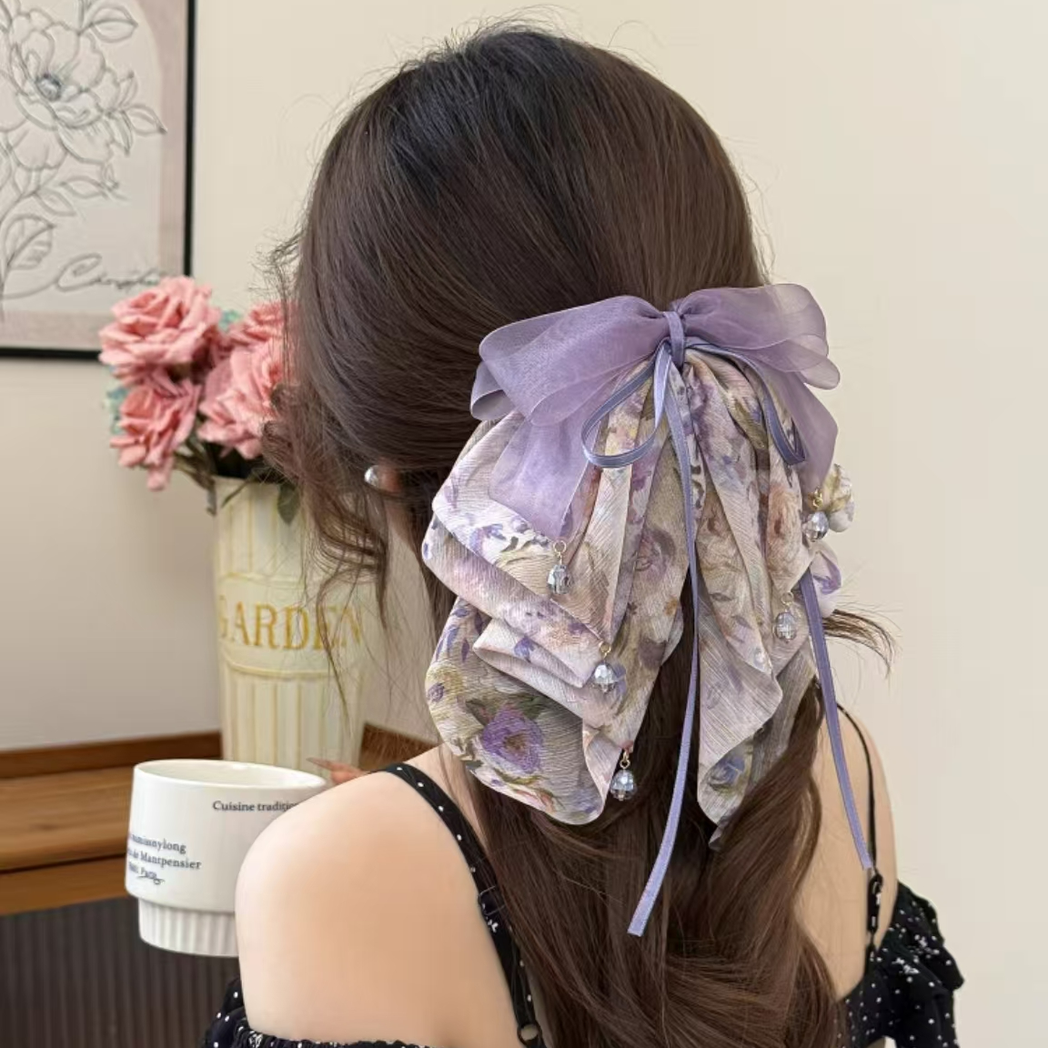2025年新款重工马尾夹Z310气质法式雪纺仙女紫色超仙韩系缎面