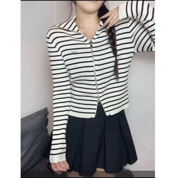 0307#春季新款修身双开拉链娃娃领长袖针织开衫