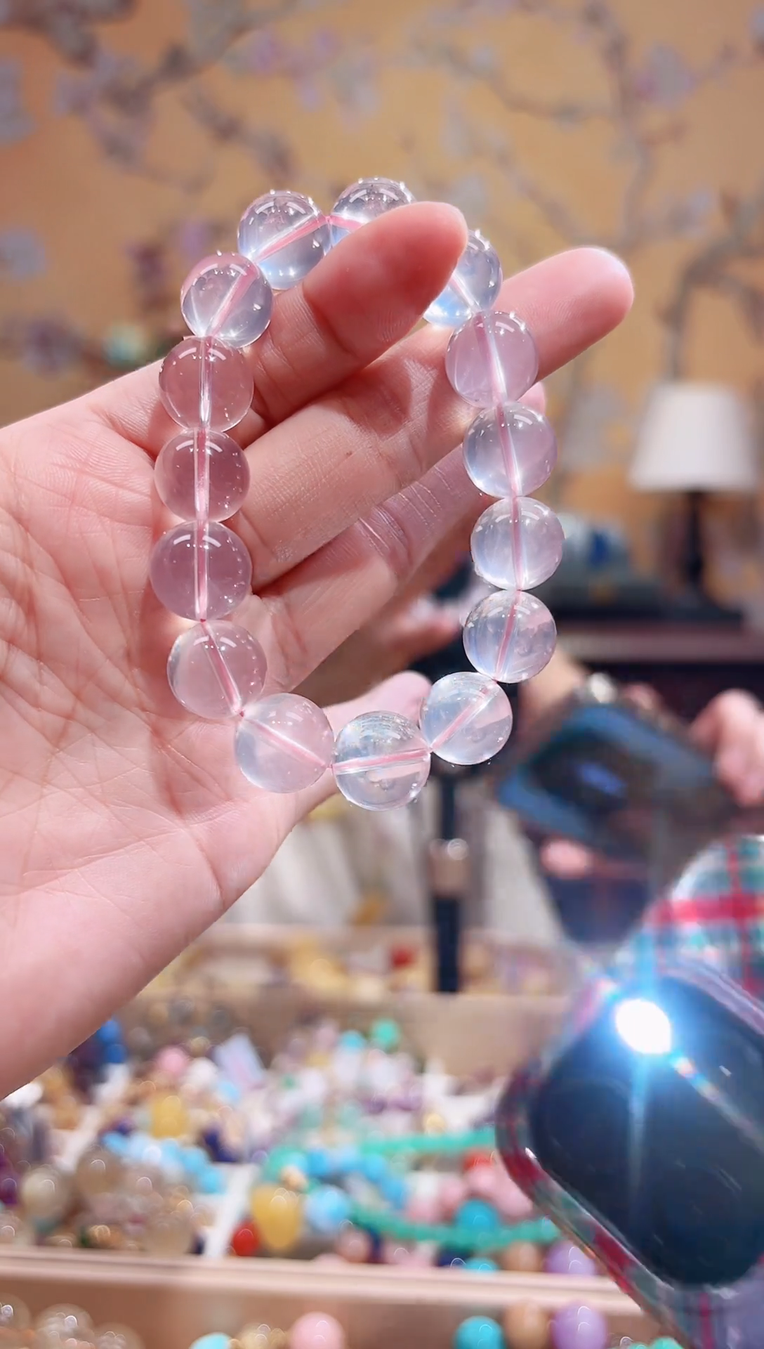 银S925镶嵌手链烟晶12.4咪天然粉晶，莫桑比克星光粉，天然晶体结构