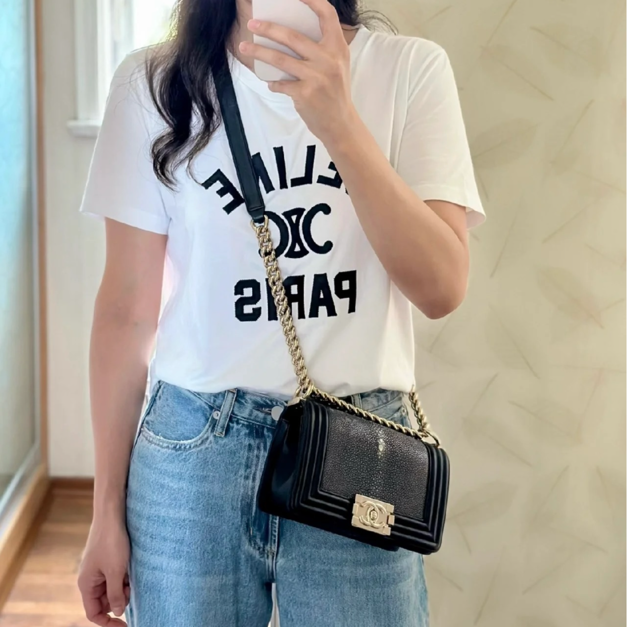 99新 Chanel/香奈儿 2229|香奈儿珍珠鱼皮leboy斜挎包黑金小号