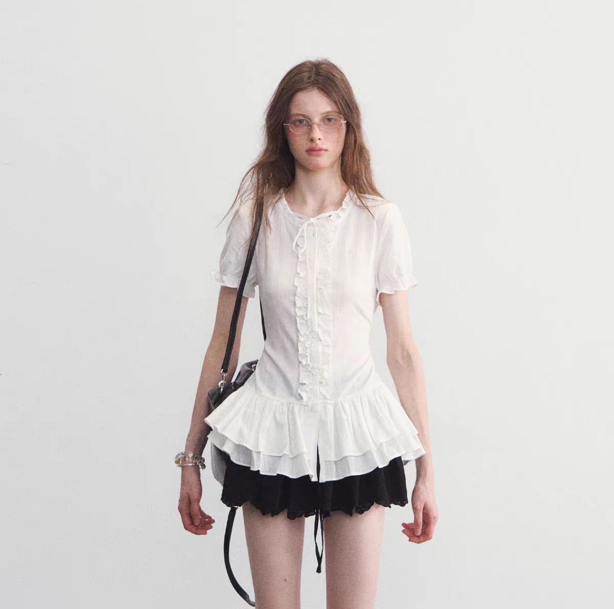 三号海盐薄巧SPEAR YOUTH修身短袖拼接衬衫系带甜美慵懒芭蕾风