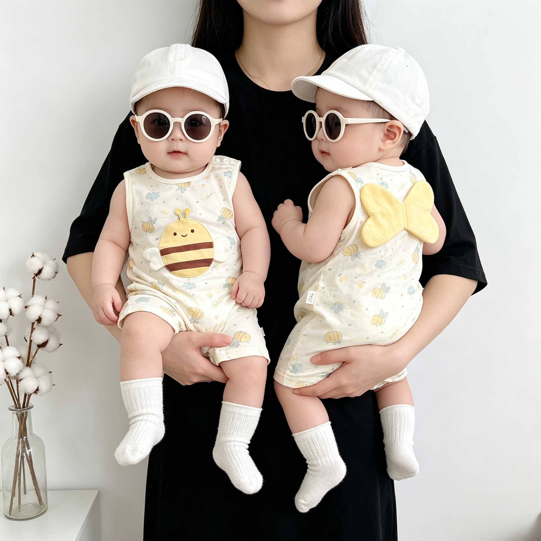 婴幼儿可爱宝宝小蜜蜂带围嘴无袖连体