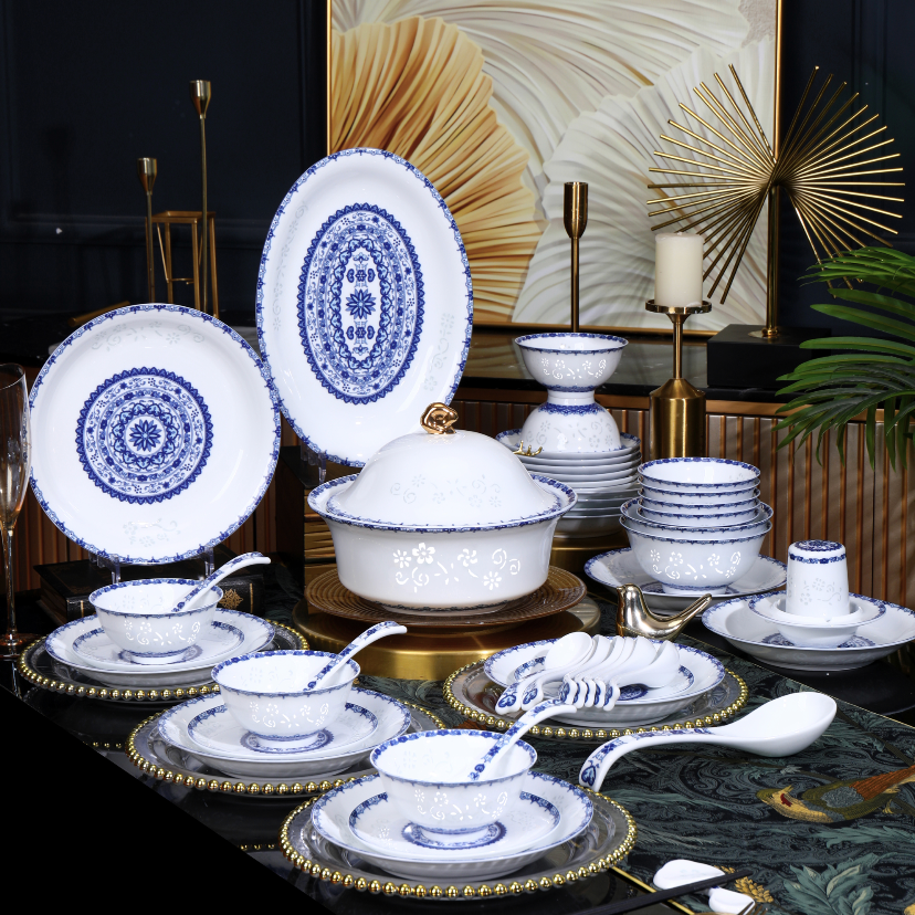 正宗景德镇高白泥祥云釉中彩青花玲珑68景德镇碗盘餐具