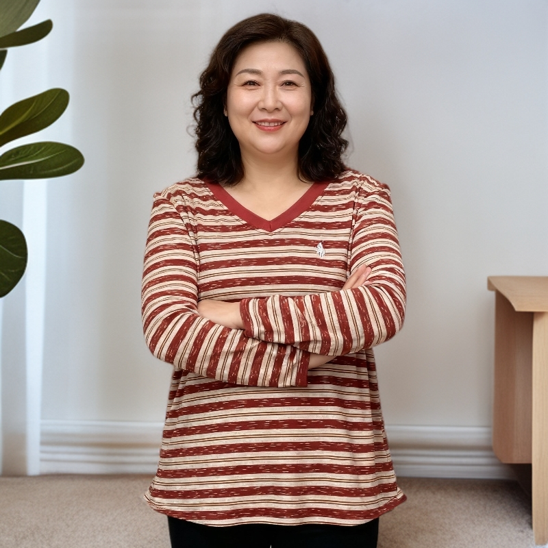 中老年女装条纹宽松套头长袖休闲薄款毛衣韩系风拼接妈妈装上衣