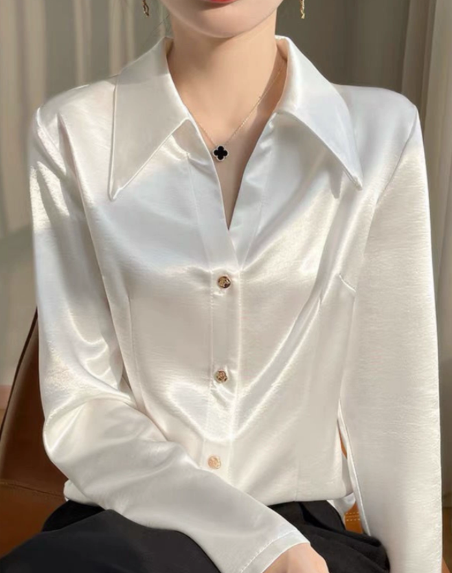 （南油小敏/V领衬衣）抗皱醋酸缎面轻熟法式通勤职业V领金扣衬衣