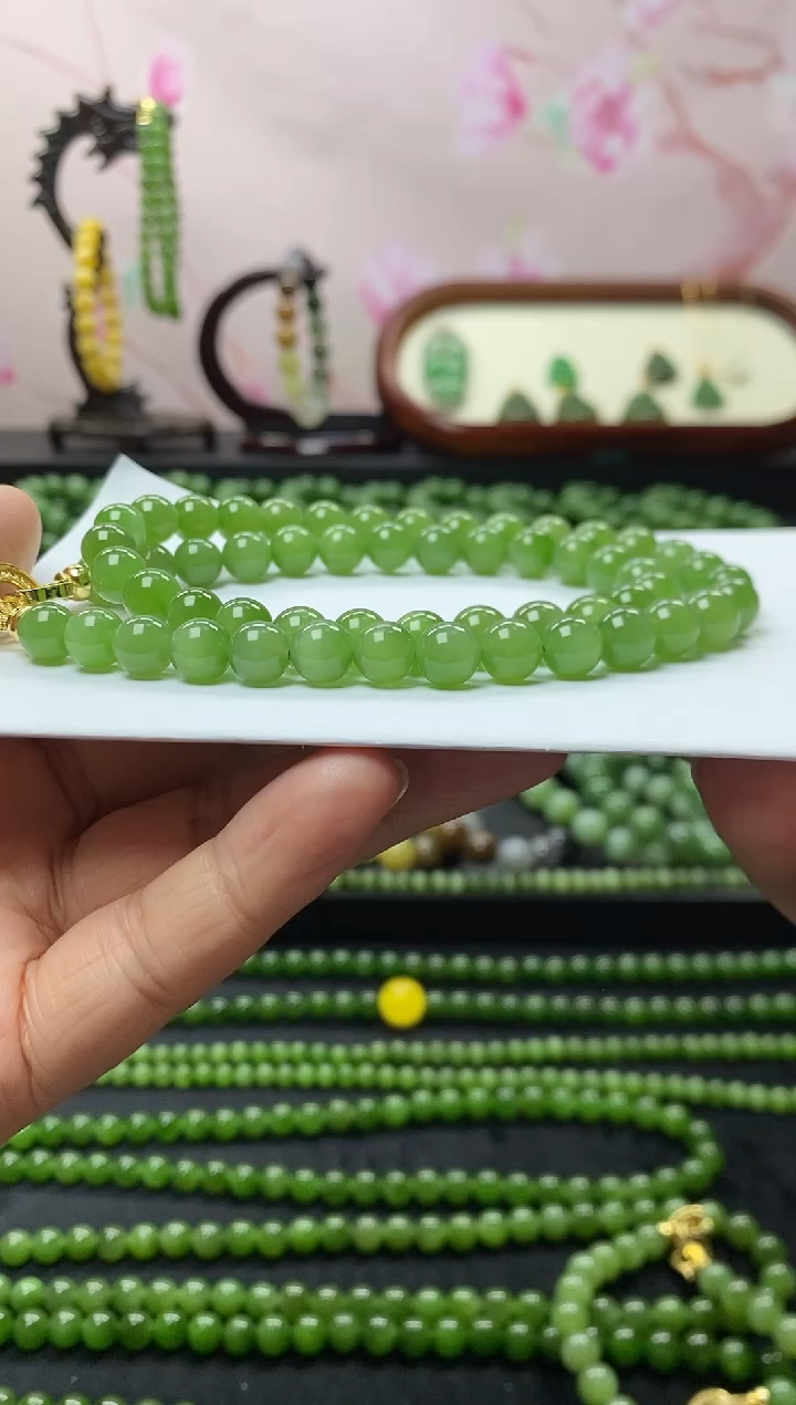 项链未镶嵌和田玉（碧玉）和田碧玉8mm粉绿微猫妈妈链