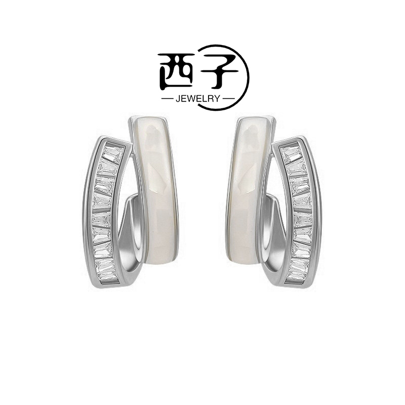 西子饰品高定镀 18K 金 【白贝双层耳钉】S925银针不过敏耳饰饰品