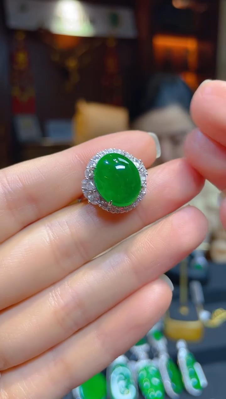 【闪购商品】翡翠戒指银S925镶嵌117461天然A货翡翠