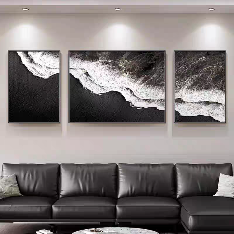 黑白灰客厅装饰画海滩三联画轻奢沙发背景墙挂画海景图极简风壁画