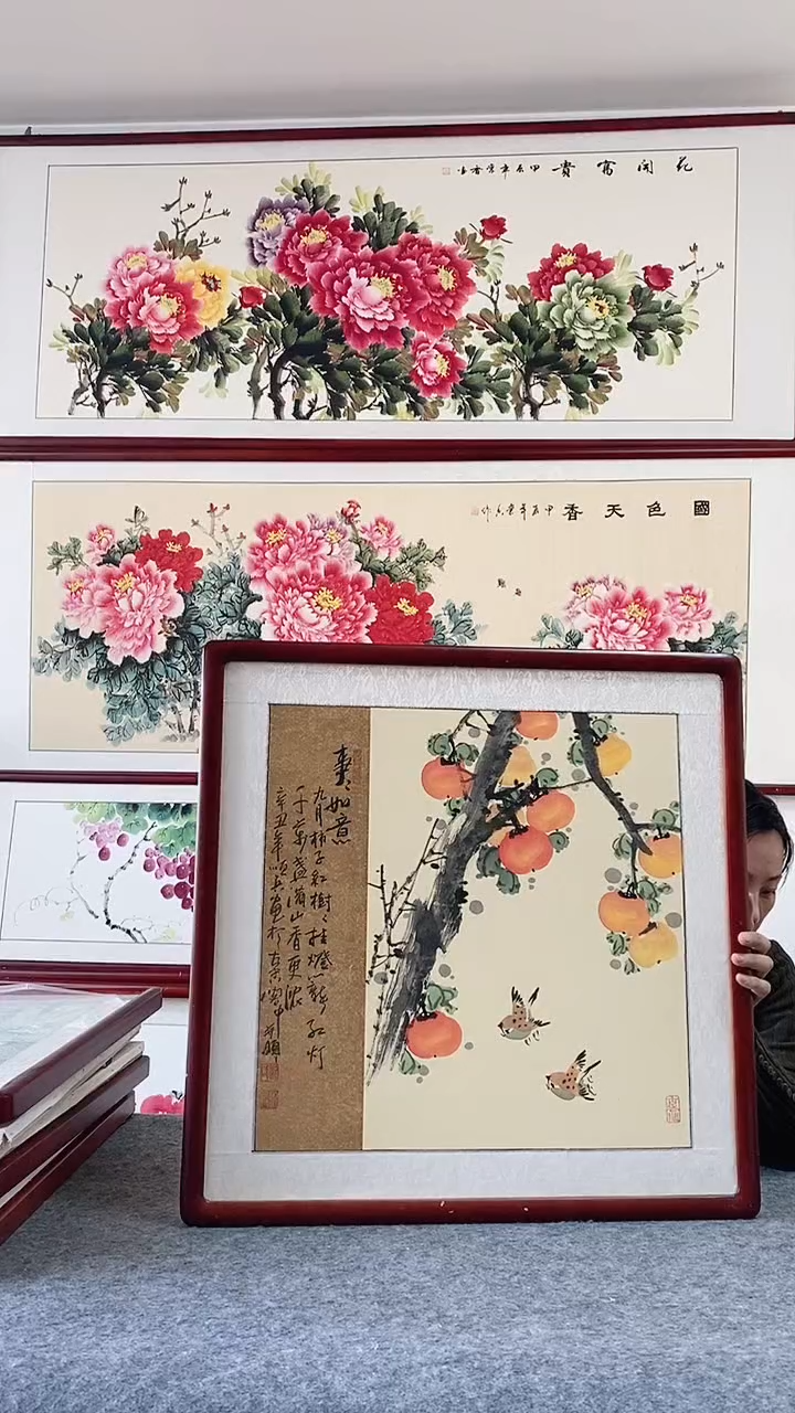 国画纯手绘国画65*65带框装饰挂画