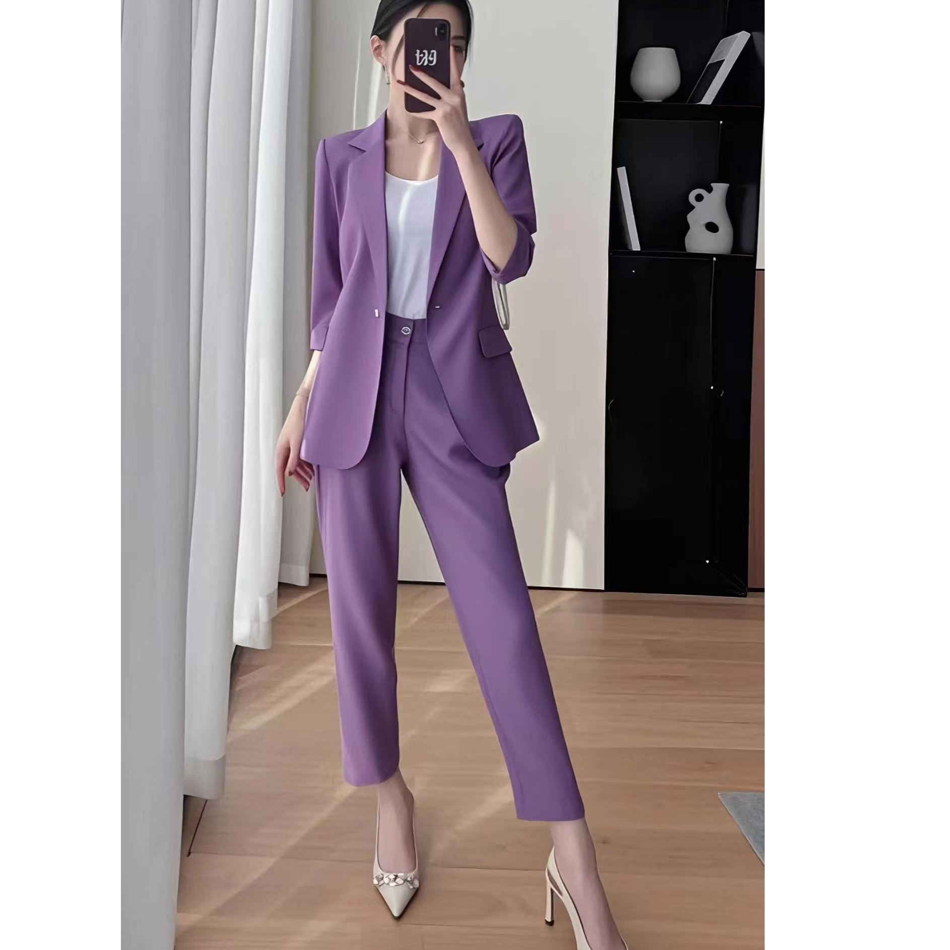 大码薄款西装套装女夏新款干练气质胖mm时尚休闲西服九分裤两件套