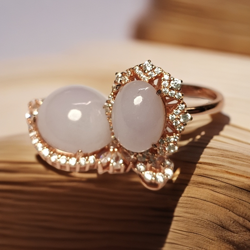 翡翠A货粉紫罗兰蛋面925银镶玫瑰金设计女款首饰颈饰戒指一套单卖