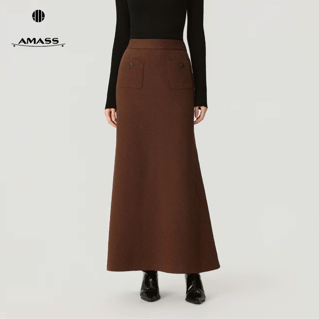 AMASS/阿玛施巴恩风复古半裙高腰半身裙毛呢开叉秋冬时尚520019