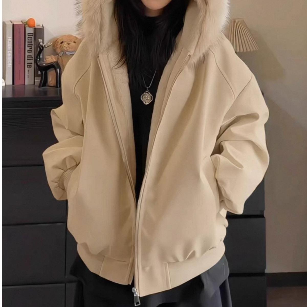 保暖厚款防水男连帽纯色棉服棉衣大衣宽松短款大毛领双面穿