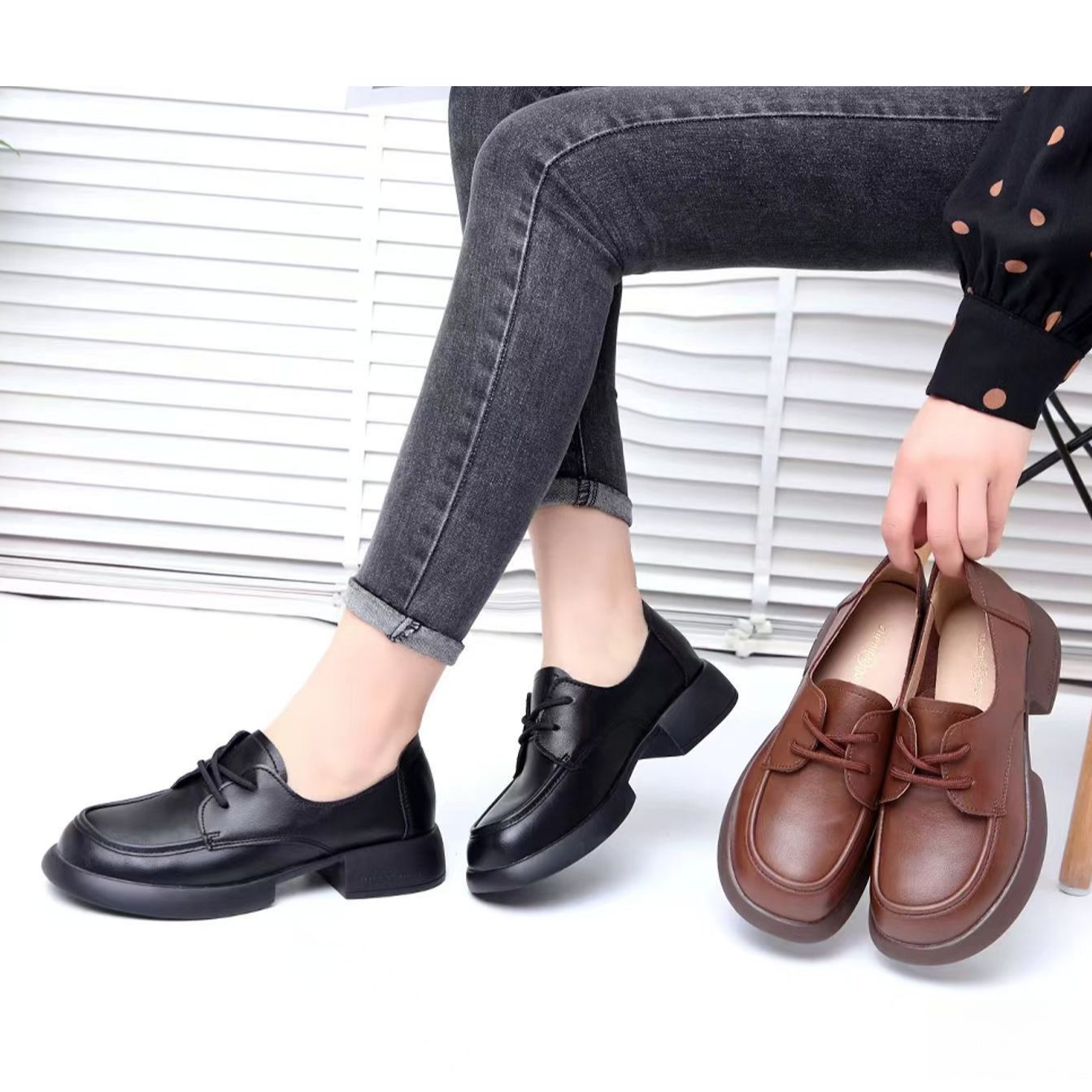 9911时尚百搭厚底乐福鞋女单鞋英伦风休闲鞋复古棕色女士粗跟系带