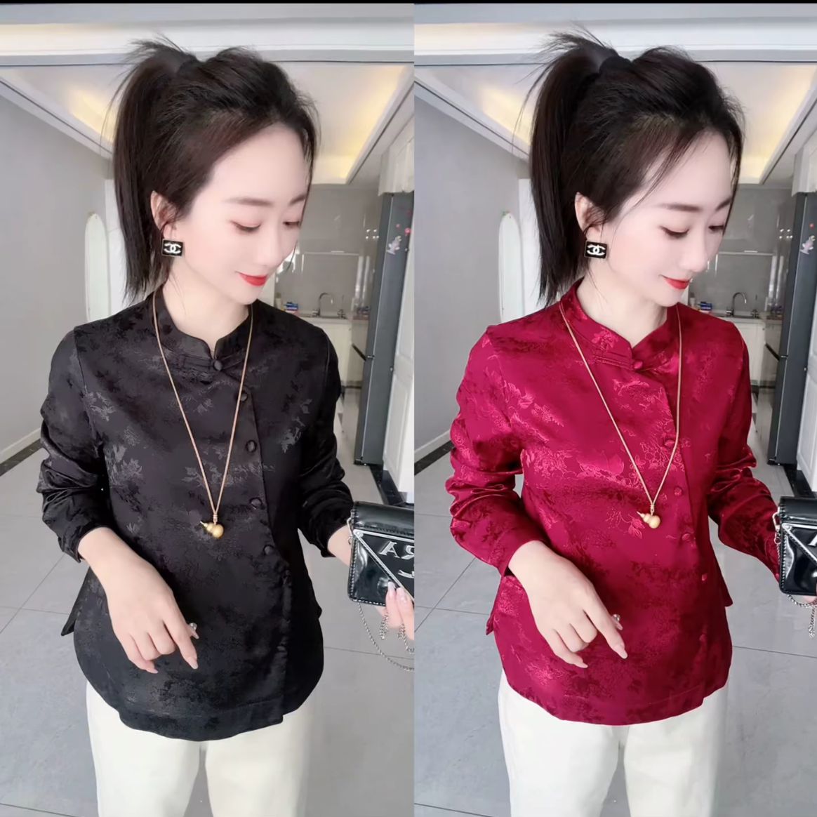 2025冬季加绒保暖衬衫女新中式复古立领斜襟提花盘扣显瘦长袖上衣