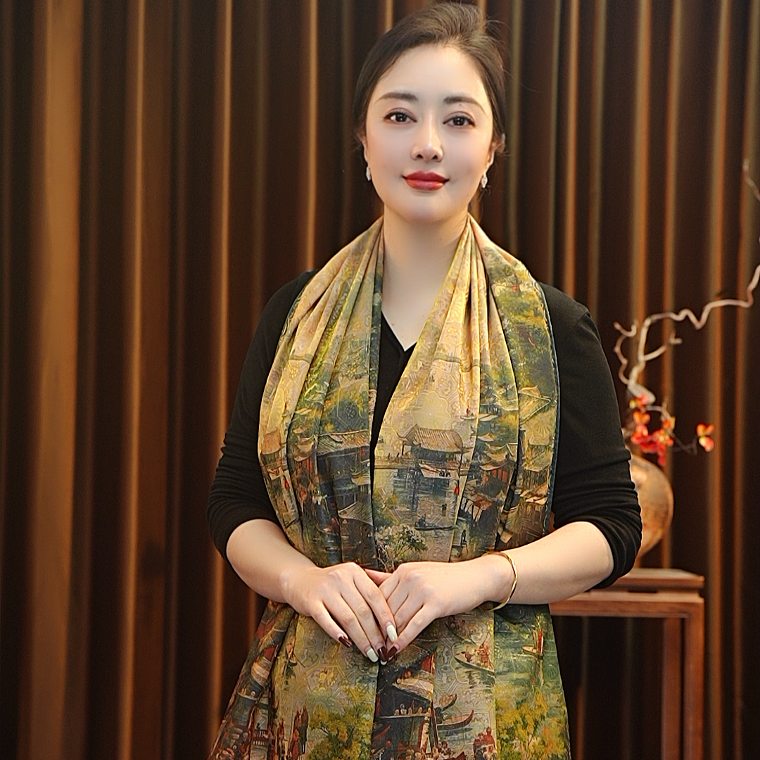 【江南水乡】180*70黄金罗长巾围巾女士丝巾百搭双面戴中国风气质