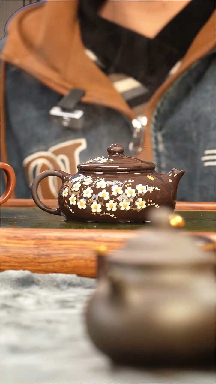 茶壶紫砂老紫泥梅花泥绘寒江3