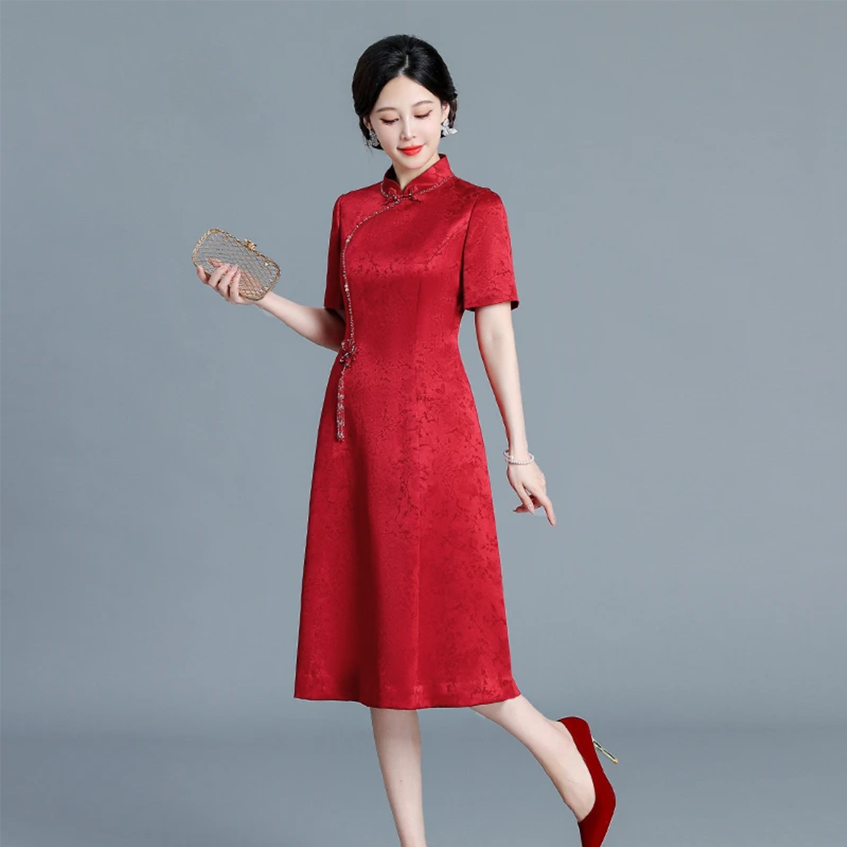 9-日常高开衩低领婚礼修身裙子红色气质时尚旗袍中国风婚礼婚宴