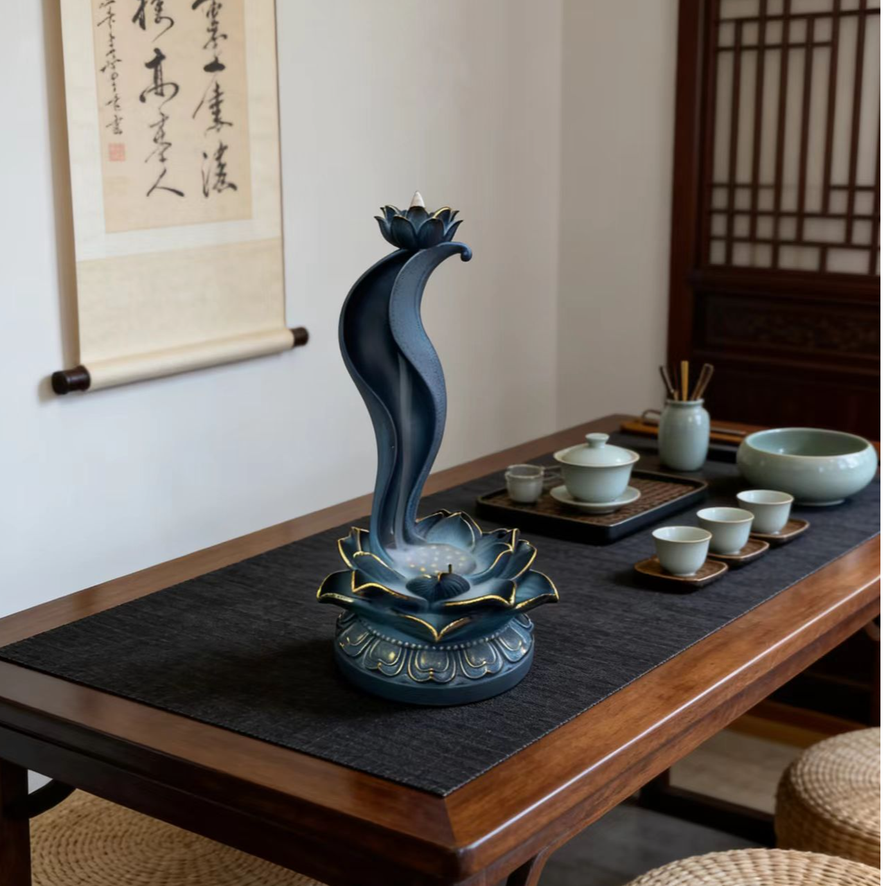 家用室内莲花倒流香禅意香薰炉摆件（15cm*28cm）（送香）