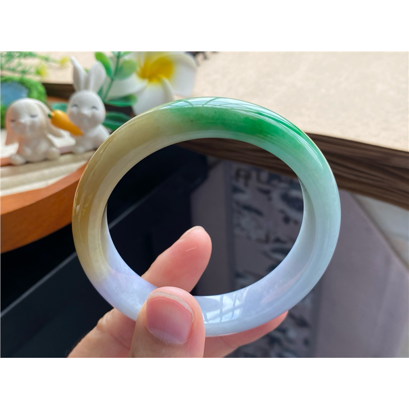 天然翡翠10.03批黄加绿三彩镯8852号56-13-8.1 福禄天然翡翠手镯
