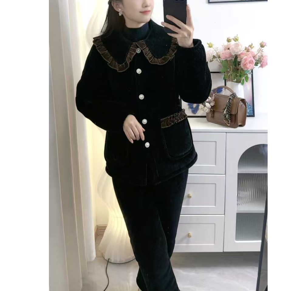 外穿冷冬休闲咖色娃娃领花边睡衣家居服保暖套装 收腰款 直筒款