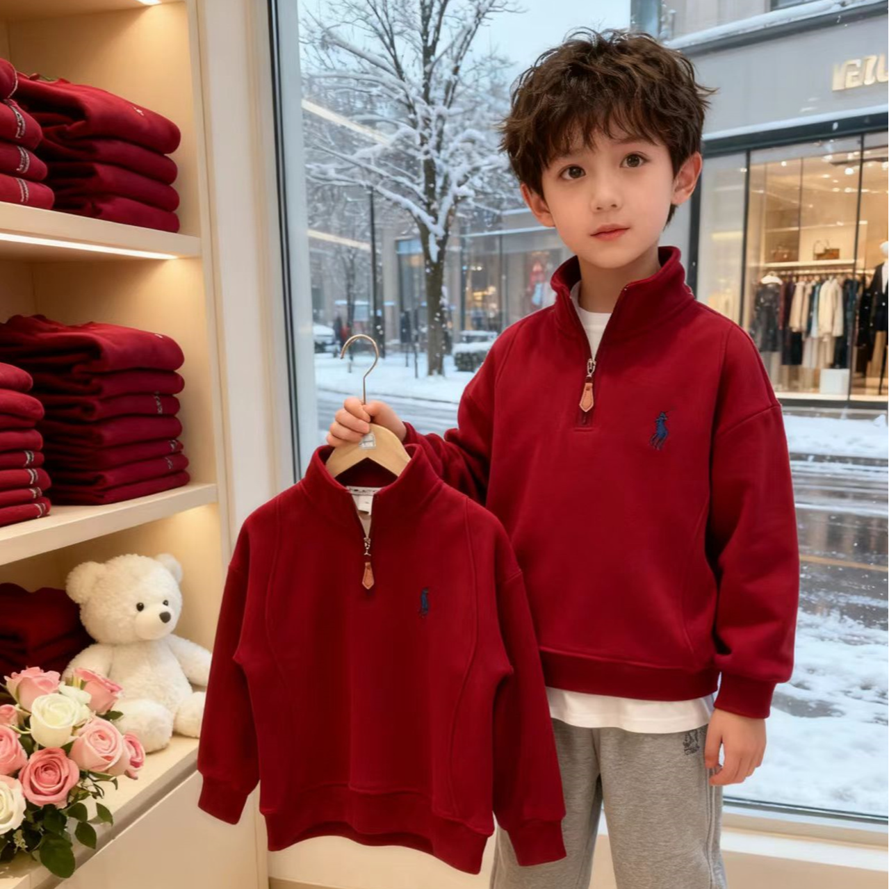 半拉链羊毛蚕丝小马宽松卫衣半高领男拉链儿童