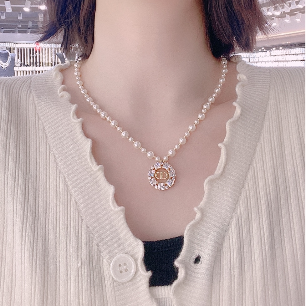 铜合金仿珍珠项链 圆牌CD项链气质时尚百搭831