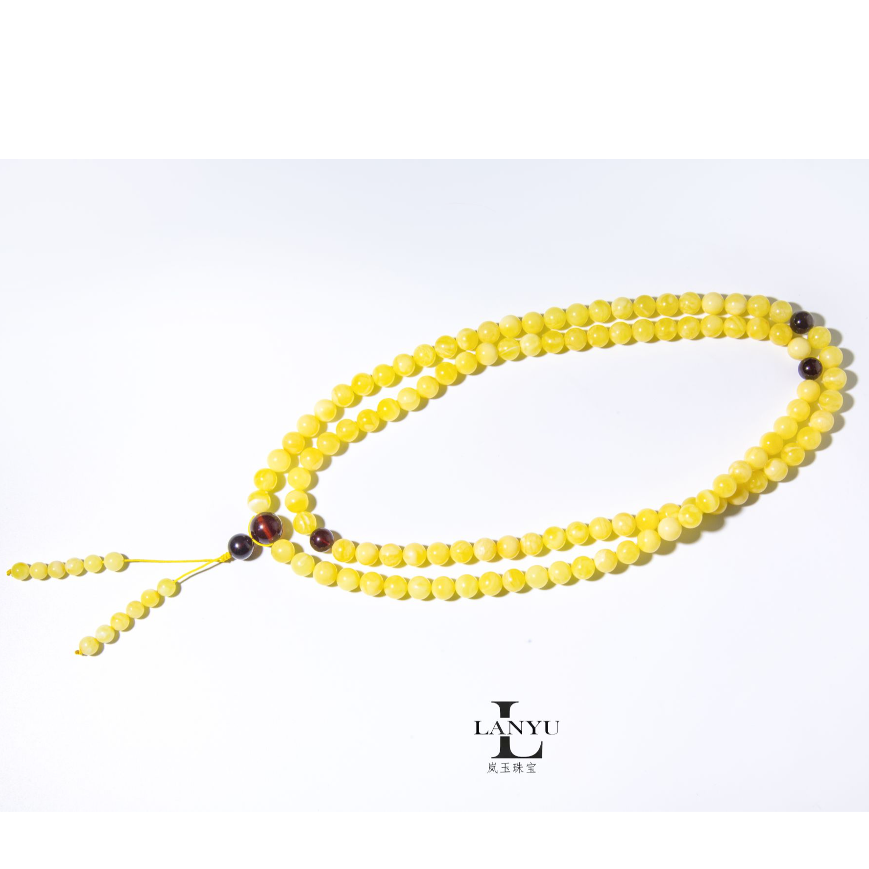 【岚玉珠宝】俄料蜜蜡圆珠鸡油黄白妖花108念珠