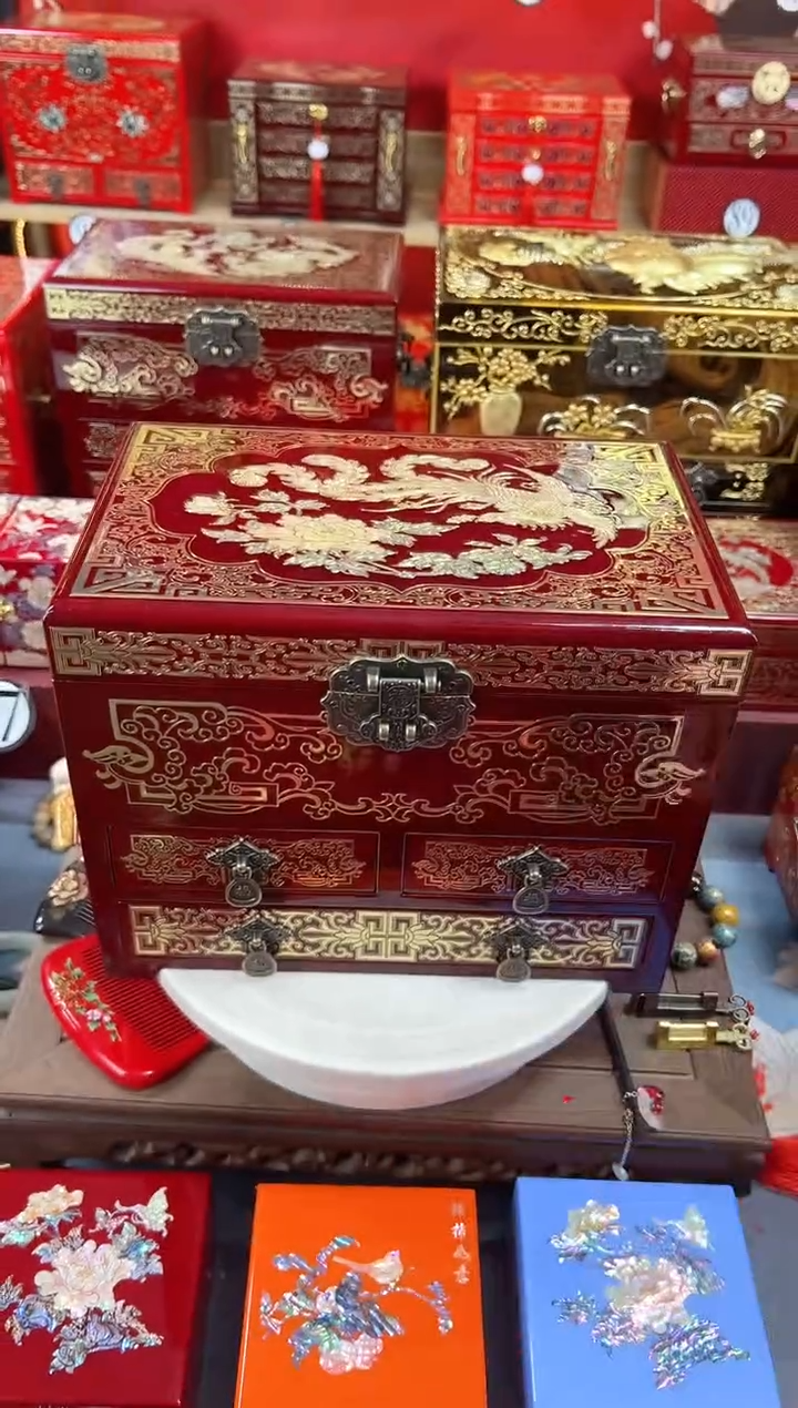【闪购商品】28厘米新款四层三抽掐丝螺钿酒红凤凰