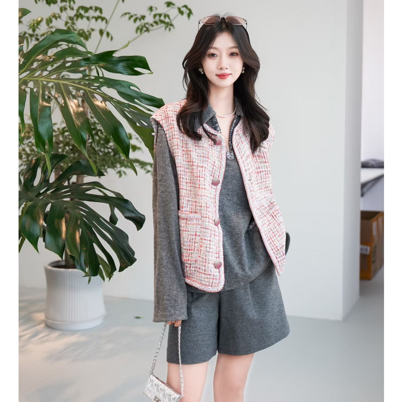 GIRDEAR/哥弟双12新款气质宽松桃花扇小香风马甲时尚外套1400791